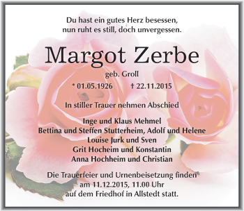 Traueranzeige von Margot Zerbe von Mitteldeutsche Zeitung Sangerhausen