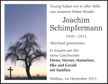 Traueranzeige von Joachim Schimpfermann von WVG - Wochenspiegel NMB / WSF / ZTZ
