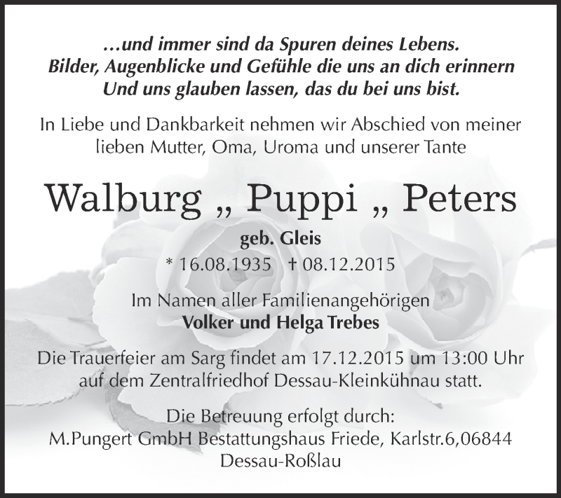  Traueranzeige für Walburg Peters vom 12.12.2015 aus WVG - Wochenspiegel Dessau / Köthen