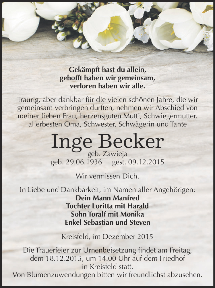  Traueranzeige für Inge Becker vom 16.12.2015 aus Wochenspiegel Mansfelder Land
