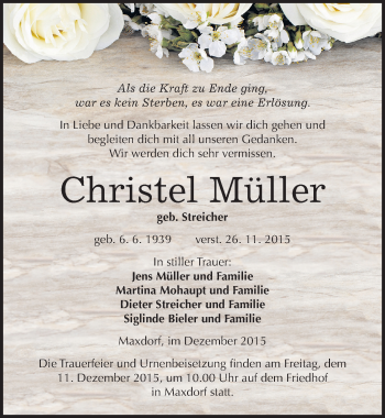 Traueranzeige von Christel Müller von Mitteldeutsche Zeitung Köthen