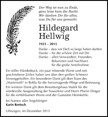 Traueranzeige von Hildegard Hellwig von Mitteldeutsche Zeitung Sangerhausen