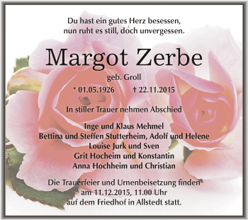 Traueranzeige von Margot Zerbe von Super Sonntag SGH Mansf. Land