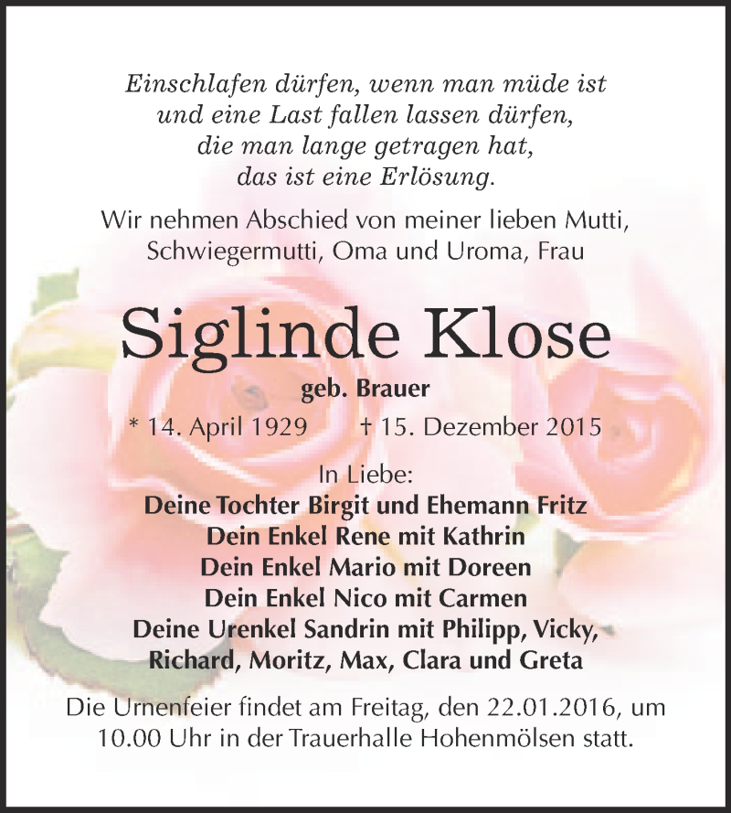  Traueranzeige für Siglinde Klose vom 30.12.2015 aus WVG - Wochenspiegel NMB / WSF / ZTZ