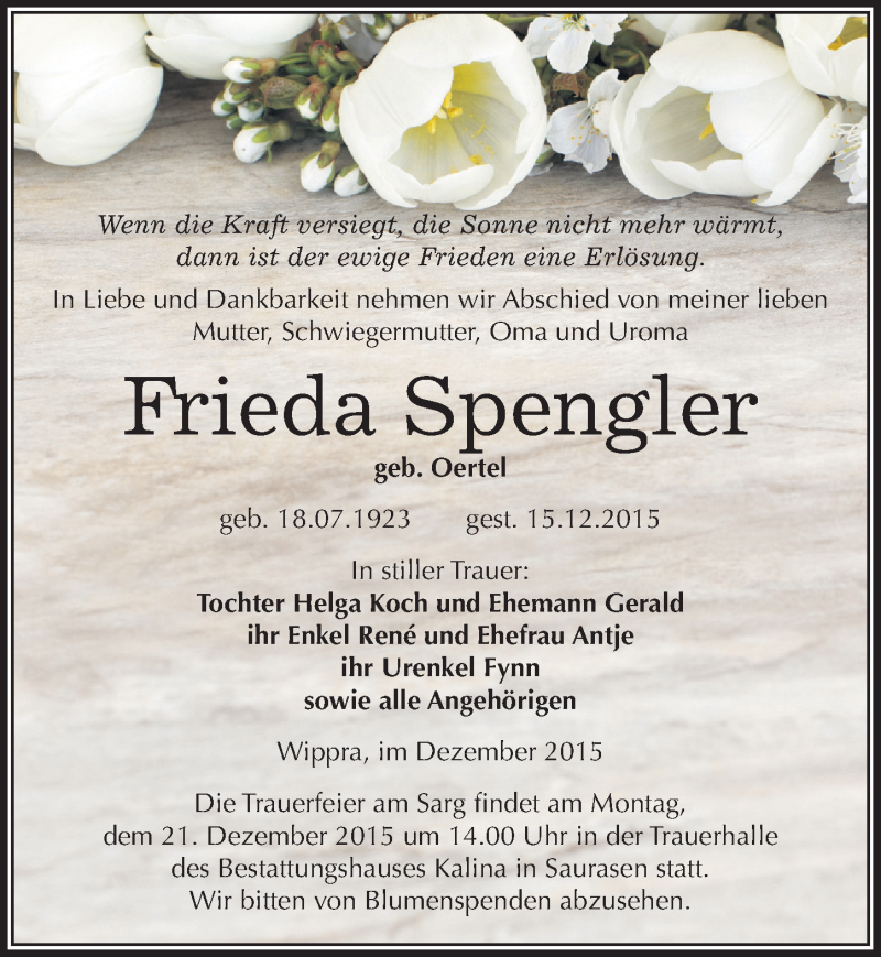  Traueranzeige für Frieda Spengler vom 17.12.2015 aus Mitteldeutsche Zeitung Mansfelder Land