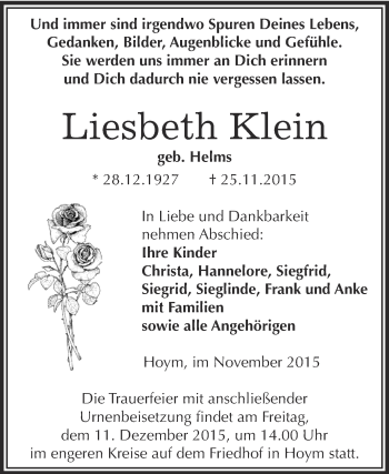 Traueranzeige von Liesbeth Klein von Super Sonntag Aschersleben
