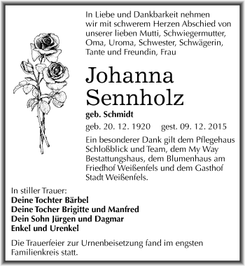 Traueranzeige von Johanna Sennholz von Mitteldeutsche Zeitung Weißenfels