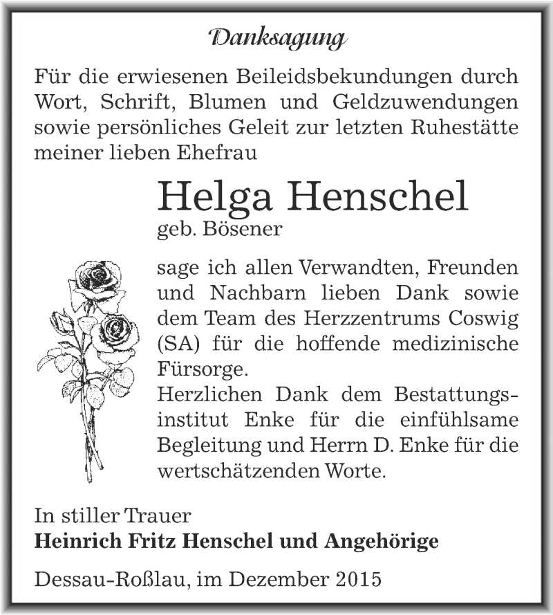  Traueranzeige für Helga Henschel vom 12.12.2015 aus WVG - Wochenspiegel Dessau / Köthen