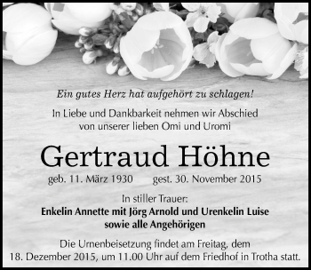 Traueranzeige von Gertraud Höhne von Mitteldeutsche Zeitung Halle/Saalkreis