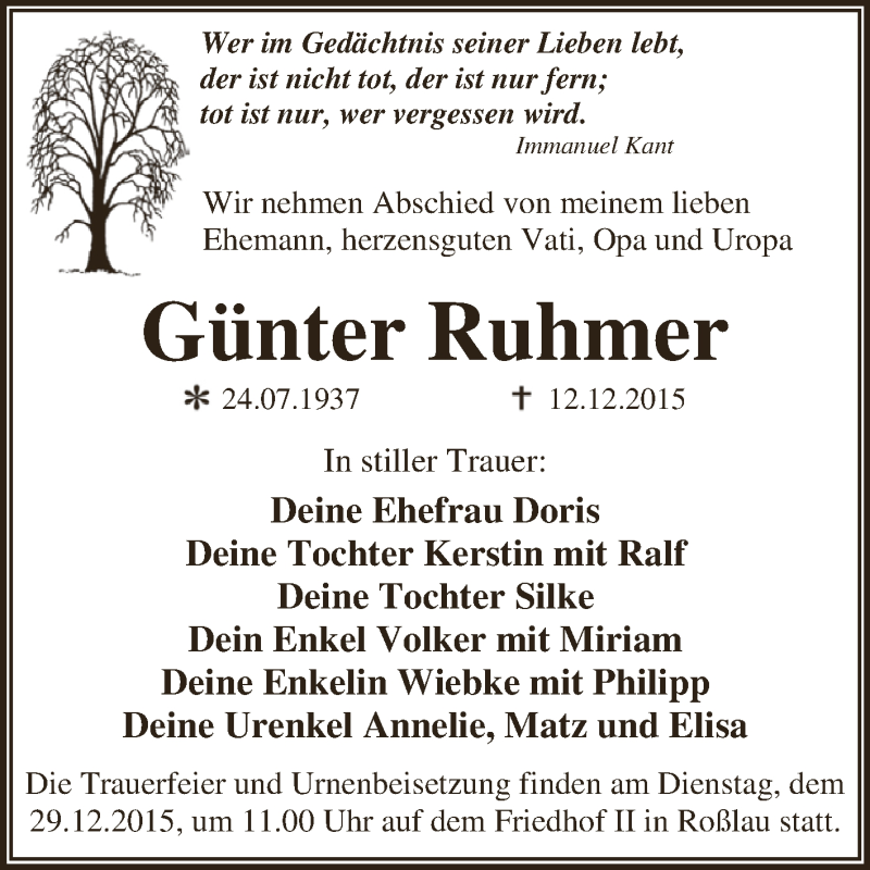  Traueranzeige für Günter Ruhmer vom 19.12.2015 aus WVG - Wochenspiegel Dessau / Köthen