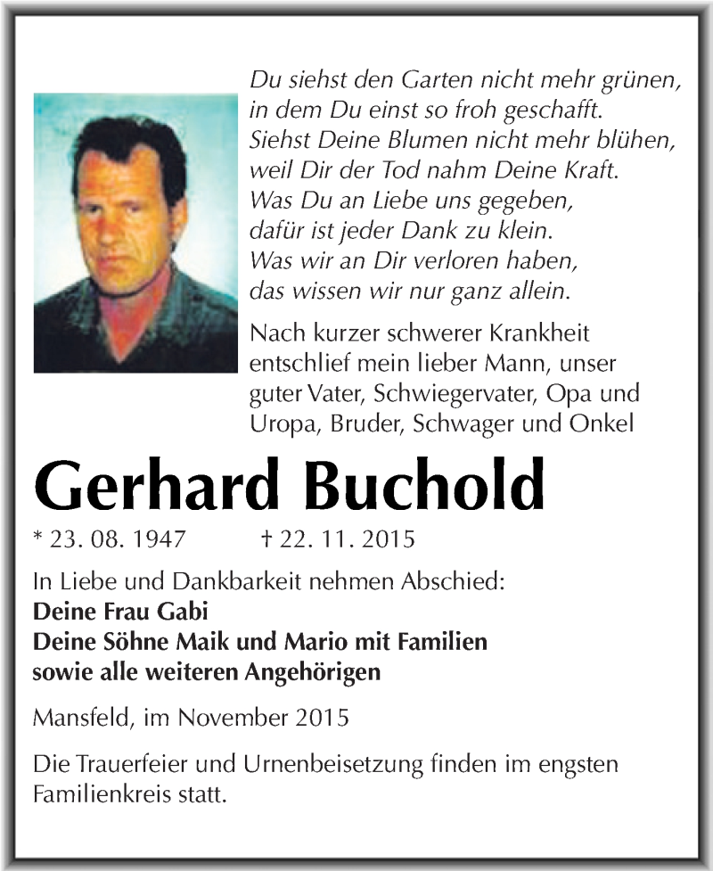  Traueranzeige für Gerhard Buchold vom 02.12.2015 aus Wochenspiegel Mansfelder Land