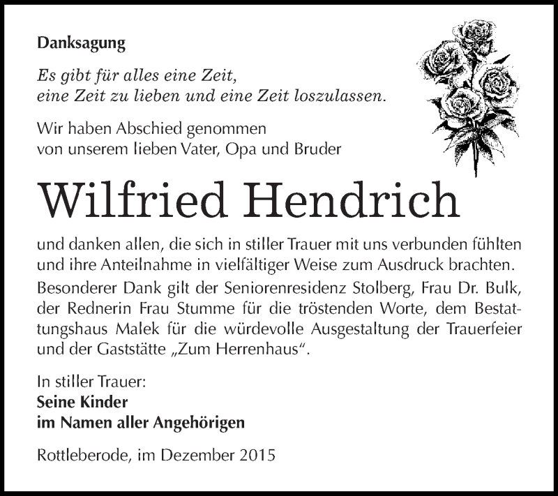  Traueranzeige für Wilfried Hendrich vom 19.12.2015 aus Wochenspiegel Mansfelder Land