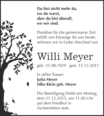 Traueranzeige von Willi Meyer von Super Sonntag Aschersleben