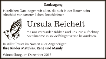 Traueranzeige von Ursula Reichelt von Wochenspiegel Mansfelder Land