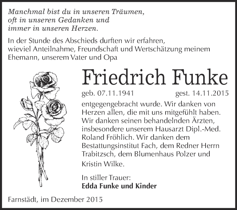  Traueranzeige für Friedrich Funke vom 09.12.2015 aus WVG - Wochenspiegel Merseburg