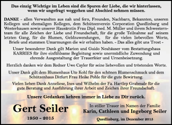 Traueranzeige von Gerd Seiler von WVG - Wochenspiegel Quedlinburg
