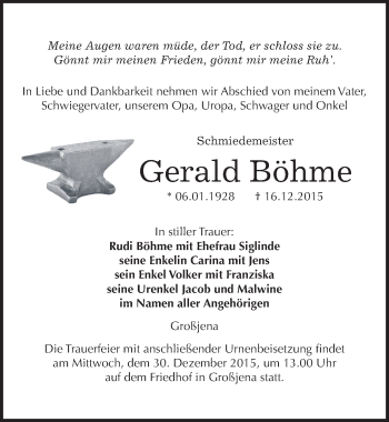 Traueranzeige von Gerald Böhme von Mitteldeutsche Zeitung Naumburg/Nebra
