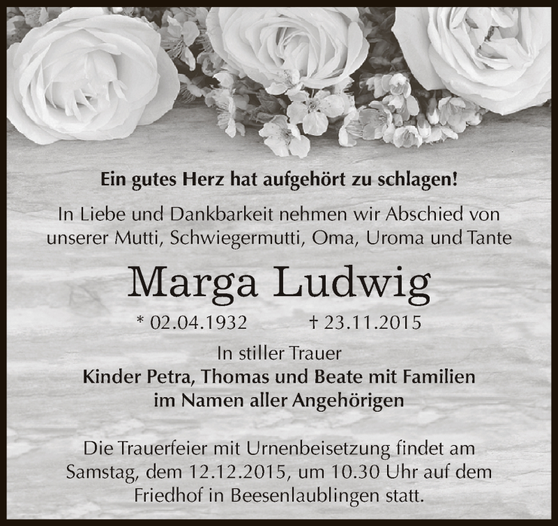  Traueranzeige für Marga Ludwig vom 05.12.2015 aus Super Sonntag Bernburg