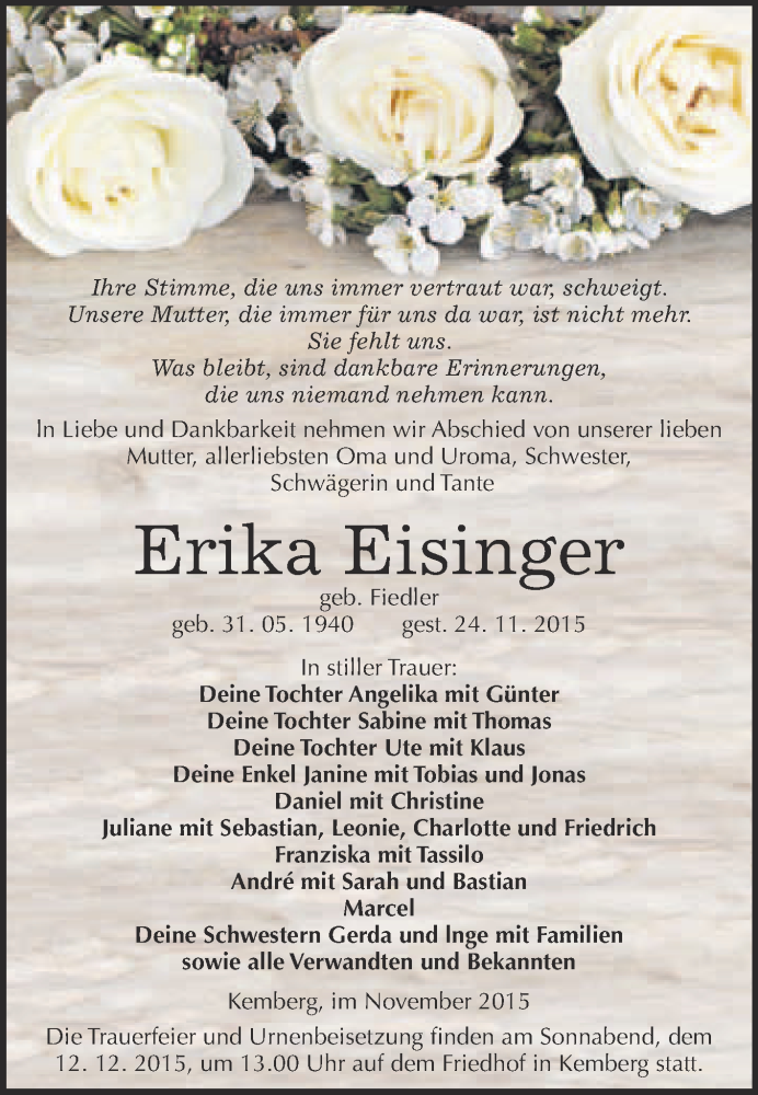  Traueranzeige für Erika Eisinger vom 05.12.2015 aus WVG - Wochenspiegel Wittenberg