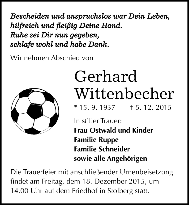  Traueranzeige für Gerhard Wittenbecher vom 12.12.2015 aus Mitteldeutsche Zeitung Sangerhausen