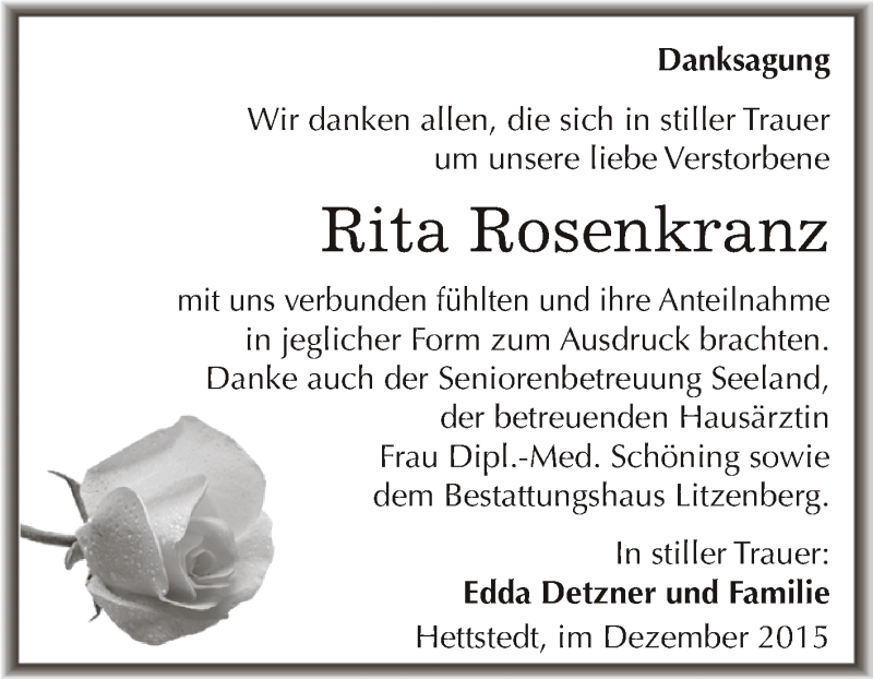  Traueranzeige für Rita Rosenkranz vom 30.12.2015 aus Wochenspiegel Mansfelder Land