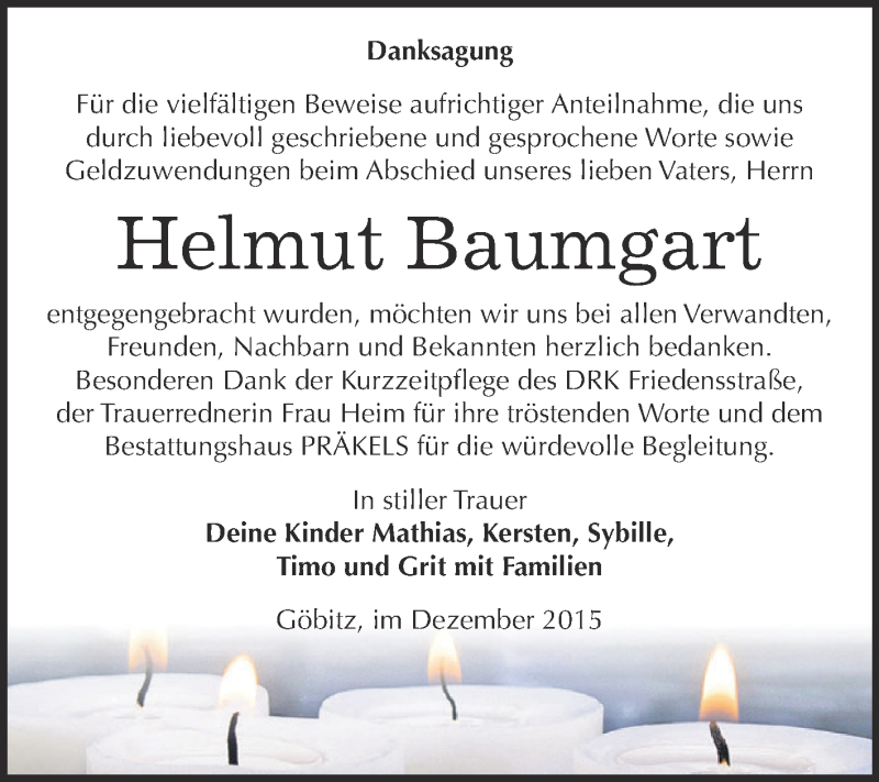  Traueranzeige für Helmut Baumgart vom 19.12.2015 aus Super Sonntag Zeitz
