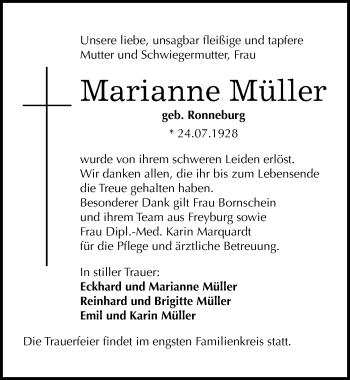 Traueranzeige von Marianne Müller von Mitteldeutsche Zeitung Naumburg/Nebra
