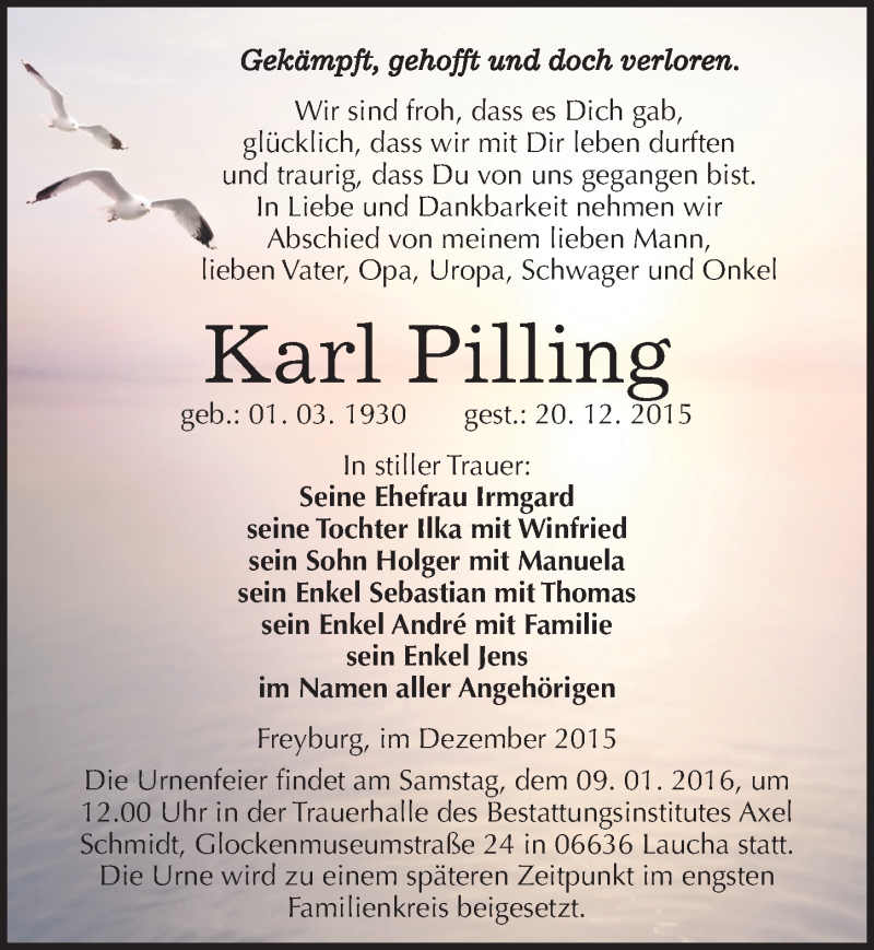  Traueranzeige für Karl Pilling vom 30.12.2015 aus Mitteldeutsche Zeitung Naumburg/Nebra