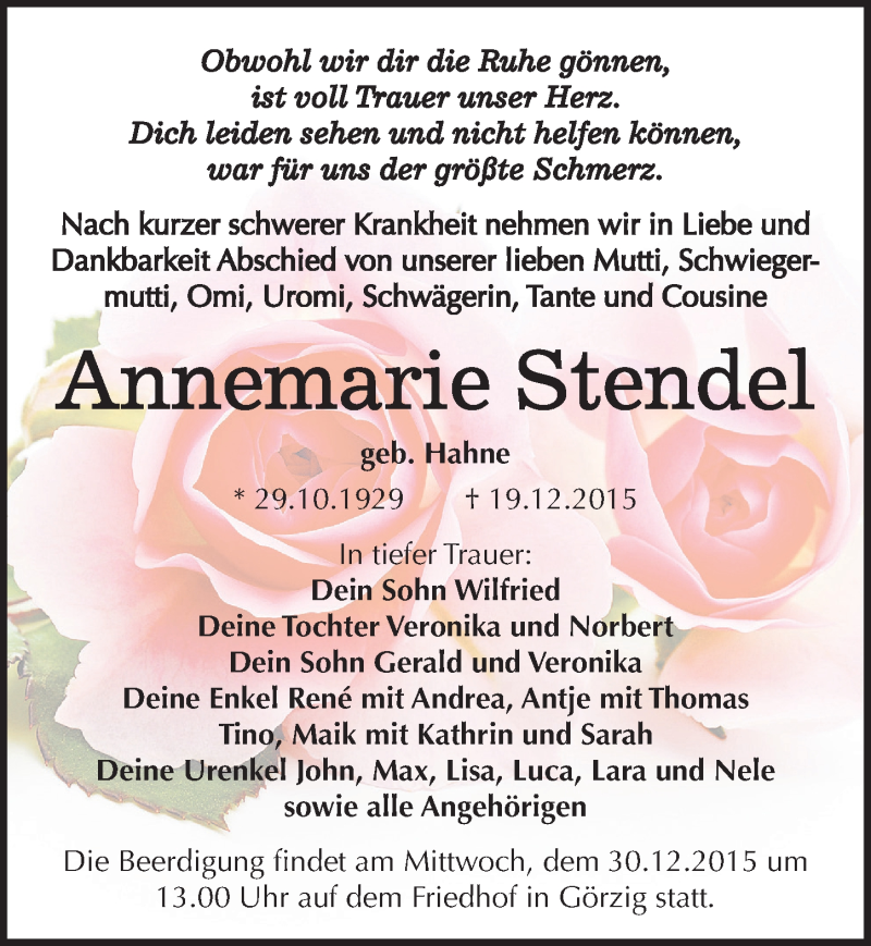  Traueranzeige für Annemarie Stendel vom 23.12.2015 aus Mitteldeutsche Zeitung Köthen