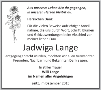 Traueranzeige von Jadwiga Lange von Super Sonntag Zeitz