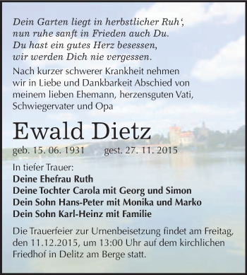 Traueranzeige von Ewald Dietz von WVG - Wochenspiegel Merseburg