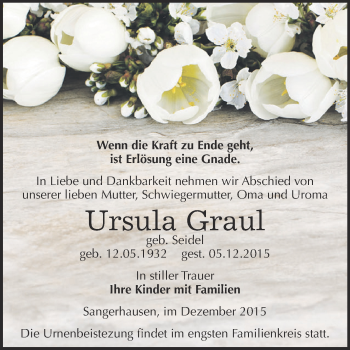 Traueranzeige von Ursula Graul von Super Sonntag SGH Mansf. Land