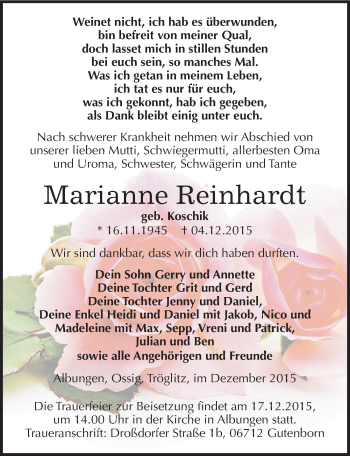 Traueranzeige von Marianne Reinhardt von Mitteldeutsche Zeitung Zeitz