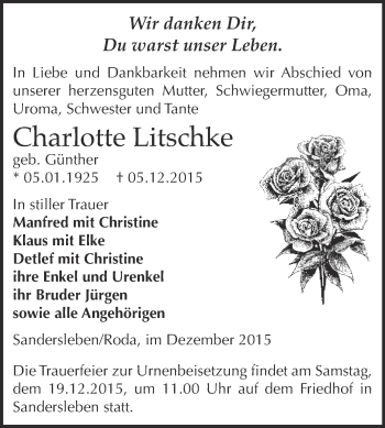 Traueranzeige von Charlotte Litschke von Super Sonntag SGH Mansf. Land