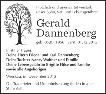 Traueranzeige von Gerald Dannenberg von WVG - Wochenspiegel Dessau / Köthen