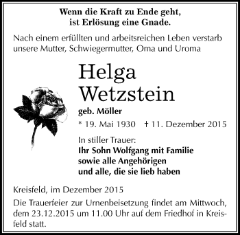 Traueranzeige von Helga Wetzstein von Mitteldeutsche Zeitung Mansfelder Land
