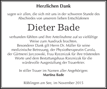 Traueranzeige von Dieter Bade von Wochenspiegel Mansfelder Land