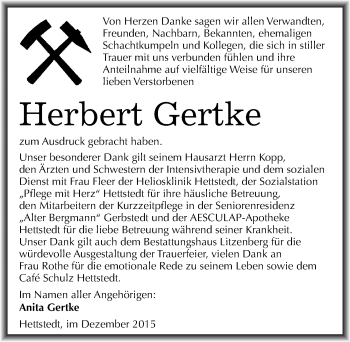 Traueranzeige von Herbert Gertke von Mitteldeutsche Zeitung Mansfelder Land