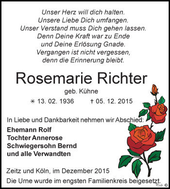 Traueranzeige von Rosemarie Richter von Super Sonntag Zeitz
