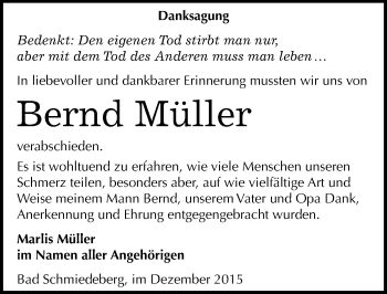 Traueranzeige von Bernd Müller von Mitteldeutsche Zeitung Wittenberg