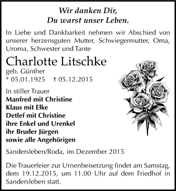 Traueranzeige von Charlotte Litschke von Mitteldeutsche Zeitung Mansfelder Land