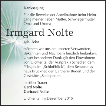 Traueranzeige von Irmgard Nolte von WVG - Wochenspiegel NMB / WSF / ZTZ