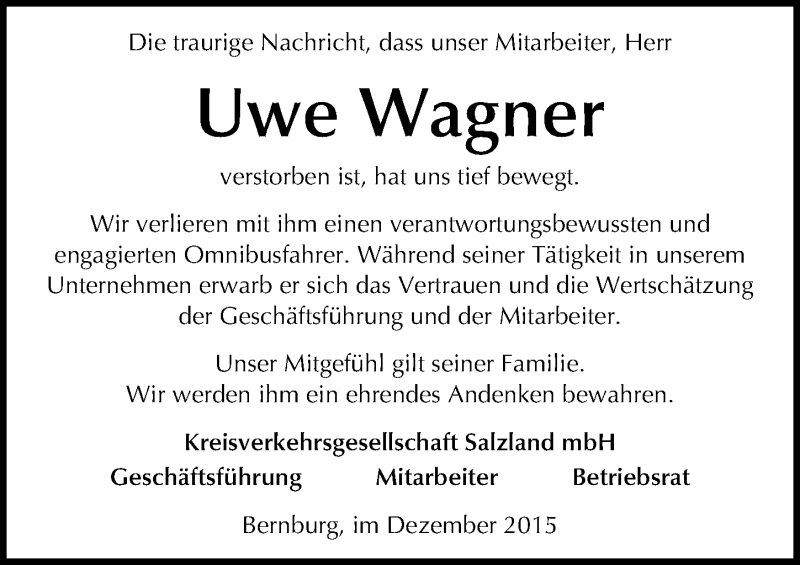  Traueranzeige für Uwe Wagner vom 16.12.2015 aus Mitteldeutsche Zeitung