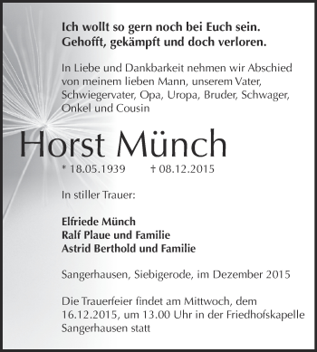 Traueranzeige von Horst Münch von Super Sonntag SGH Mansf. Land