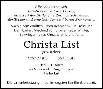Traueranzeige von Christa List von Mitteldeutsche Zeitung Weißenfels