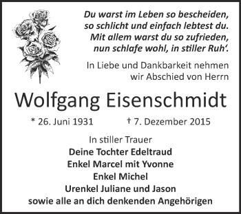 Traueranzeige von Wolfgang Eisenschmidt von Super Sonntag Zeitz