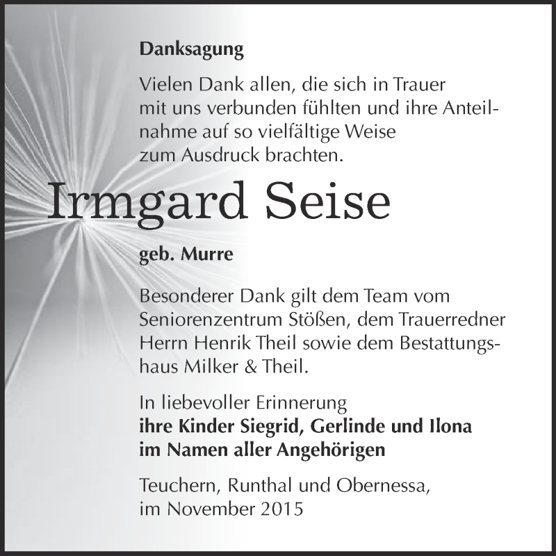  Traueranzeige für Irmgrad Seise vom 09.12.2015 aus WVG - Wochenspiegel NMB / WSF / ZTZ