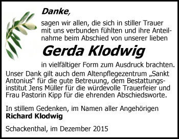 Traueranzeige von Gerda Klodwig von Super Sonntag Aschersleben