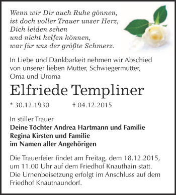 Traueranzeige von Elfriede Templiner von WVG - Wochenspiegel NMB / WSF / ZTZ