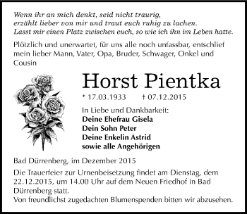 Traueranzeige von Horst Pientka von Mitteldeutsche Zeitung Merseburg/Querfurt